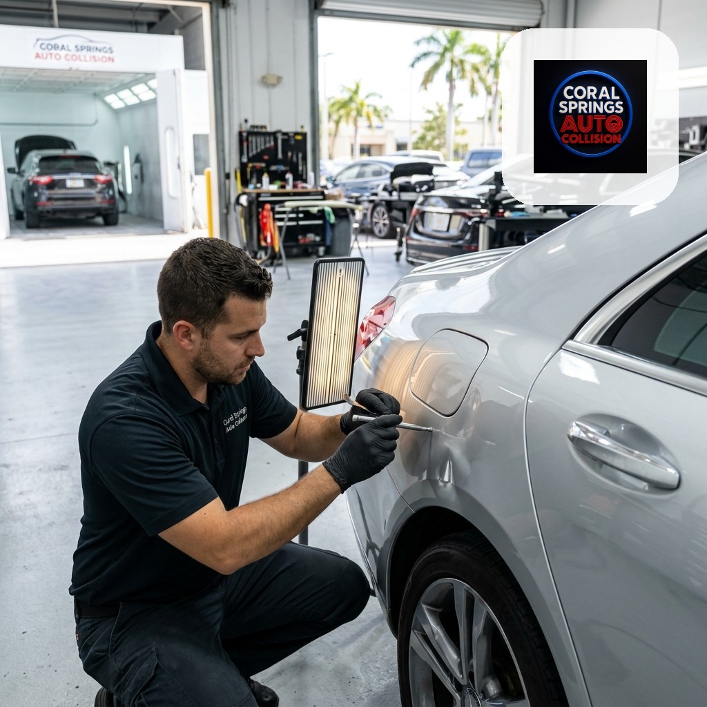 A technician uses tools and a reflection light to repair a dent on a silver car's rear quarter panel inside an auto body shop.