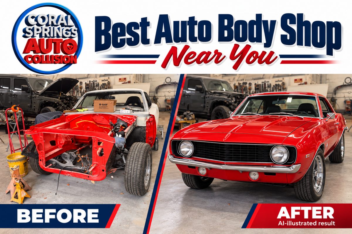 A split image inside an auto body shop showing a disassembled red car on the left and a restored red classic car on the right.